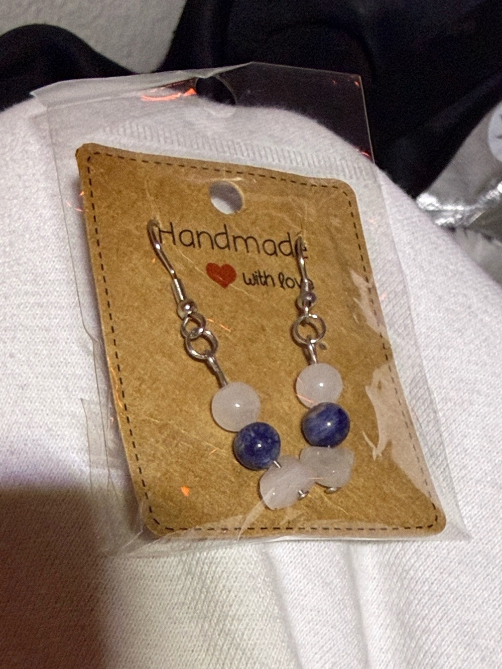 handmade natural sodalite/white jade hypoallergenic stainless steel earrings